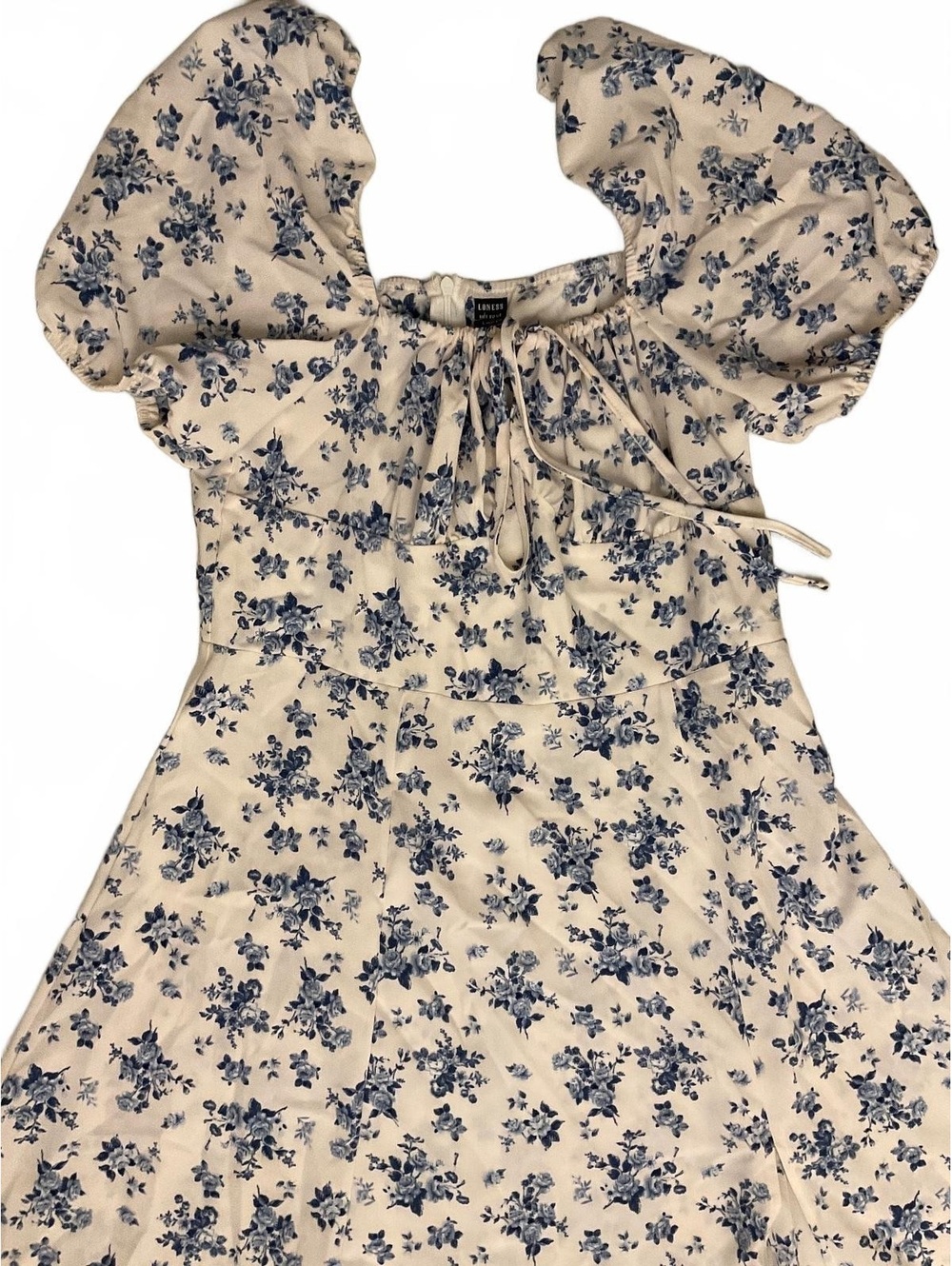 Loness Puff Sleeve Floral Midi Dress in Cream and Blue